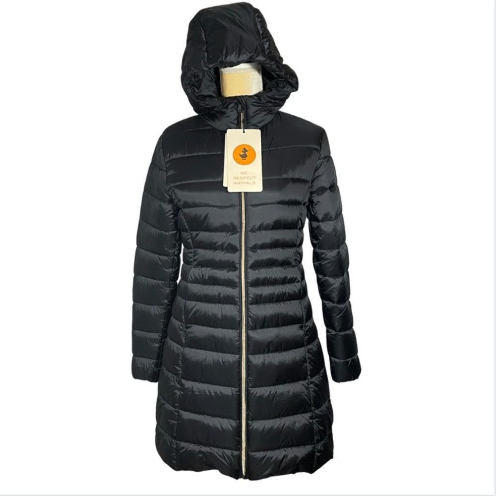 SAVE THE DUCK Black Hooded Long Puffer Coat